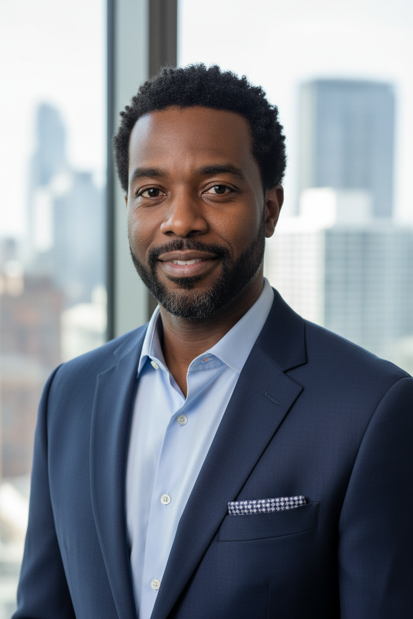 A professional man with a beard wearing a navy blue suit and light blue dress shirt stands in front of a window overlooking a city skyline.