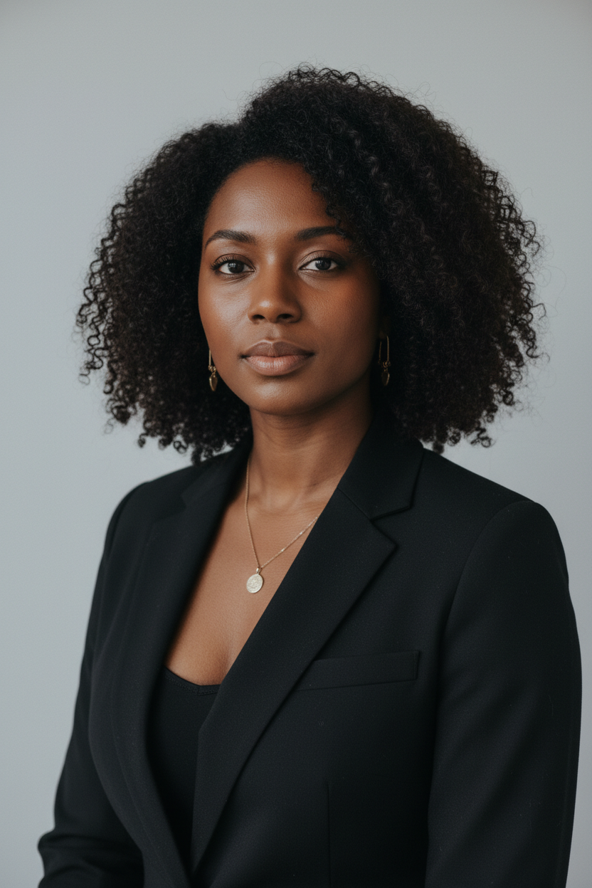 A professional woman with curly hair wears a black blazer and a gold pendant necklace against a light gray background.