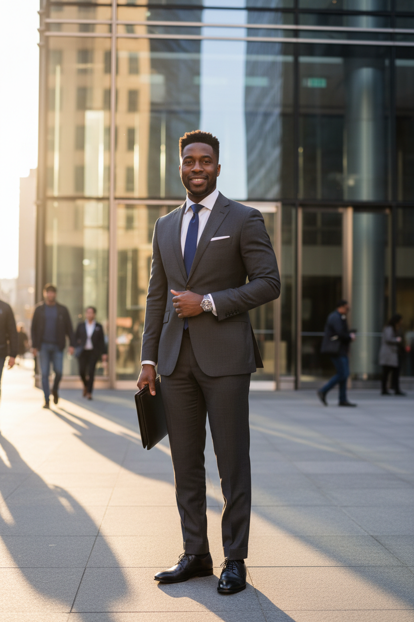 A smiling man in a dark suit and tie stands on a city sidewalk holding a portfolio with office buildings in the background.
